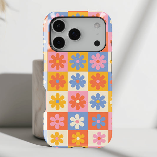 The Groovy Garden – Retro Floral Checkerboard Design iPhone Case