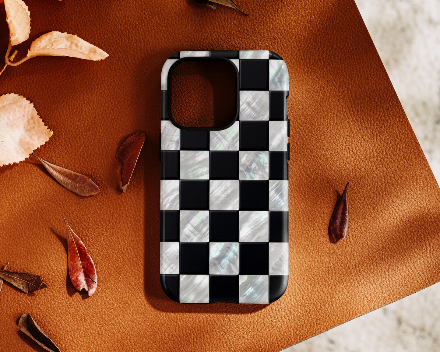 The Midnight Pearl – Inlaid Checkerboard Design iPhone Case