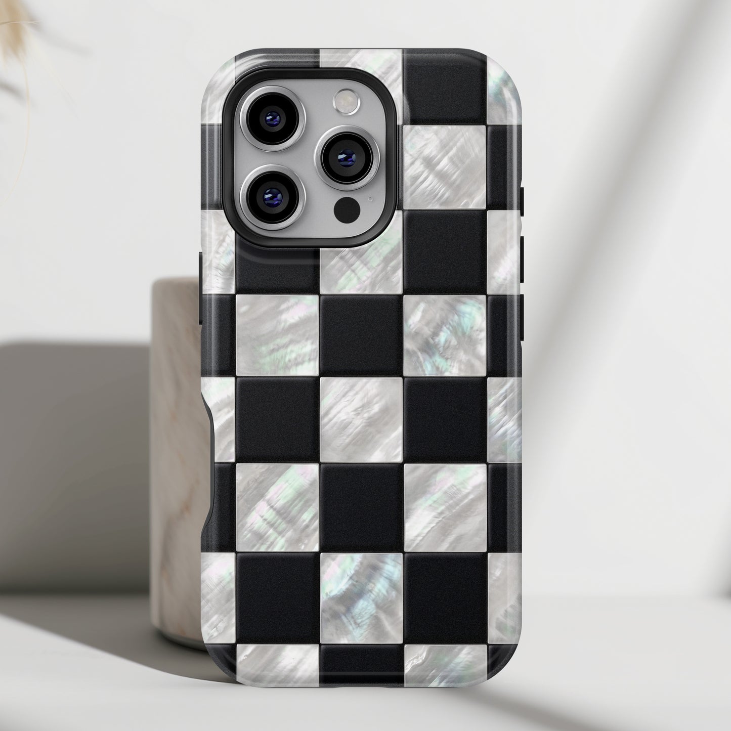 The Midnight Pearl – Inlaid Checkerboard Design iPhone Case