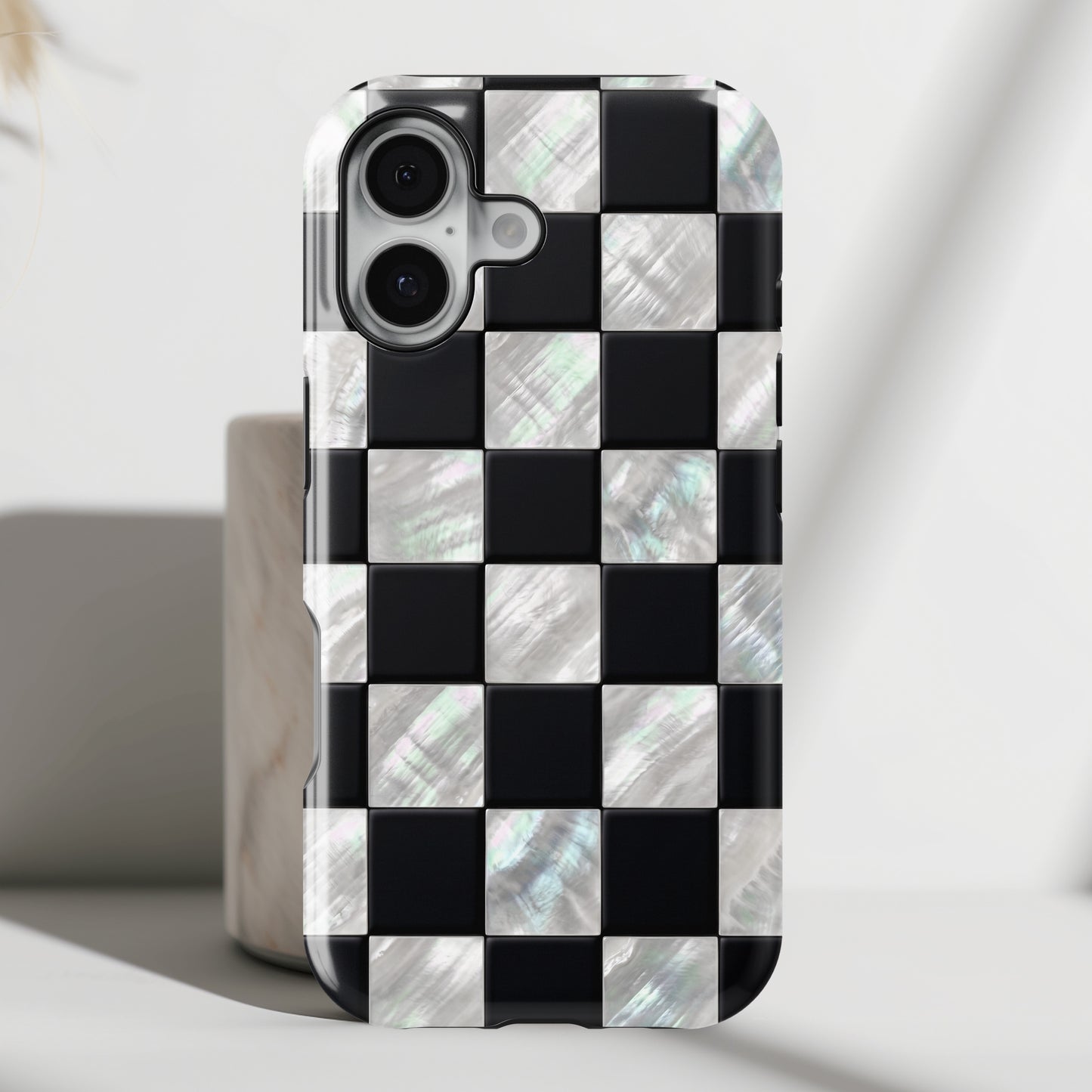 The Midnight Pearl – Inlaid Checkerboard Design iPhone Case