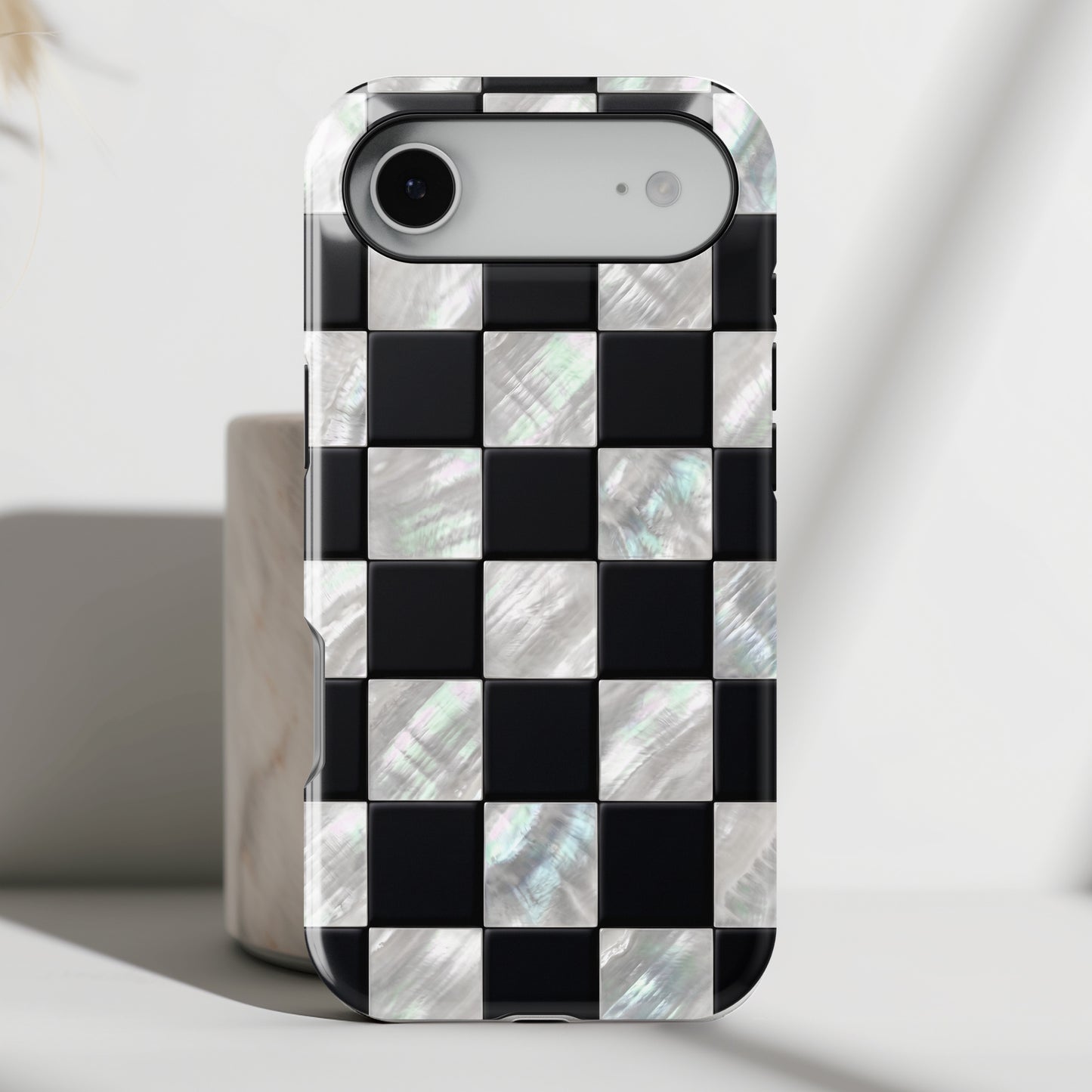 The Midnight Pearl – Inlaid Checkerboard Design iPhone Case