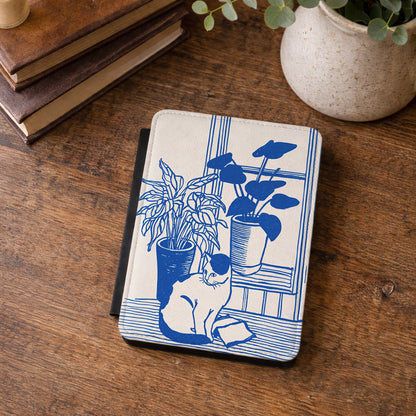 The Sunroom Cat – Blue & White Linocut Design Kindle Case