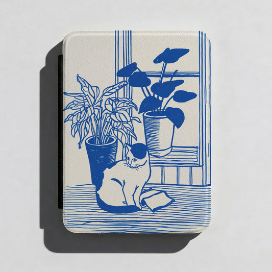 The Sunroom Cat – Blue & White Linocut Design Kindle Case