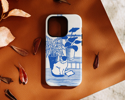 The Sunroom Cat – Blue & White Linocut Design iPhone Case