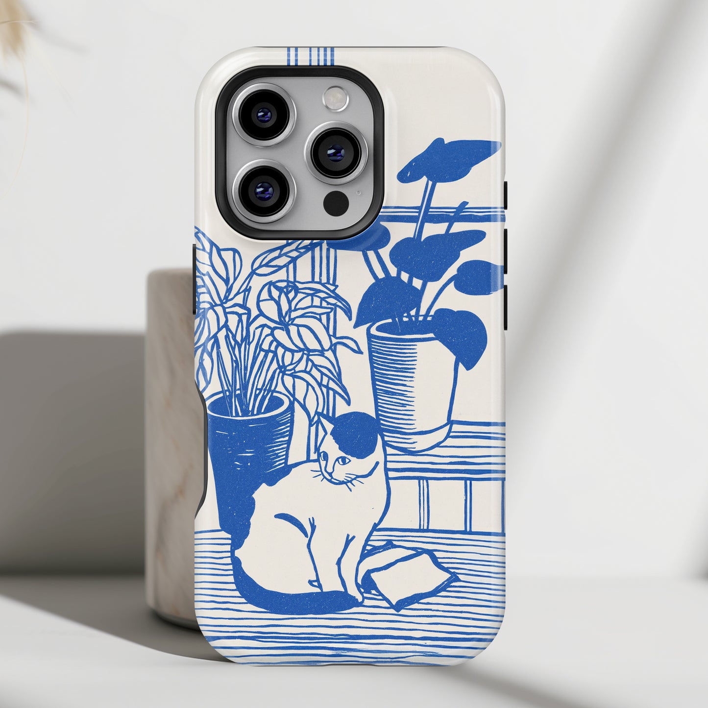 The Sunroom Cat – Blue & White Linocut Design iPhone Case
