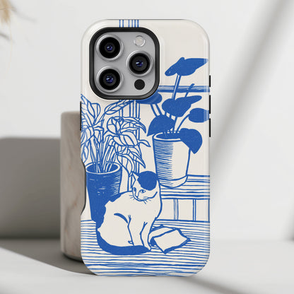 The Sunroom Cat – Blue & White Linocut Design iPhone Case