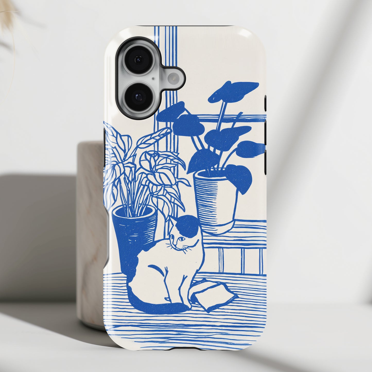 The Sunroom Cat – Blue & White Linocut Design iPhone Case