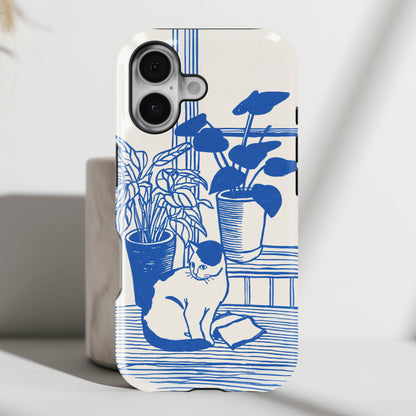 The Sunroom Cat – Blue & White Linocut Design iPhone Case