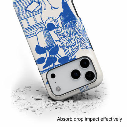 The Sunroom Cat – Blue & White Linocut Design iPhone Case