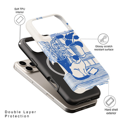 The Sunroom Cat – Blue & White Linocut Design iPhone Case
