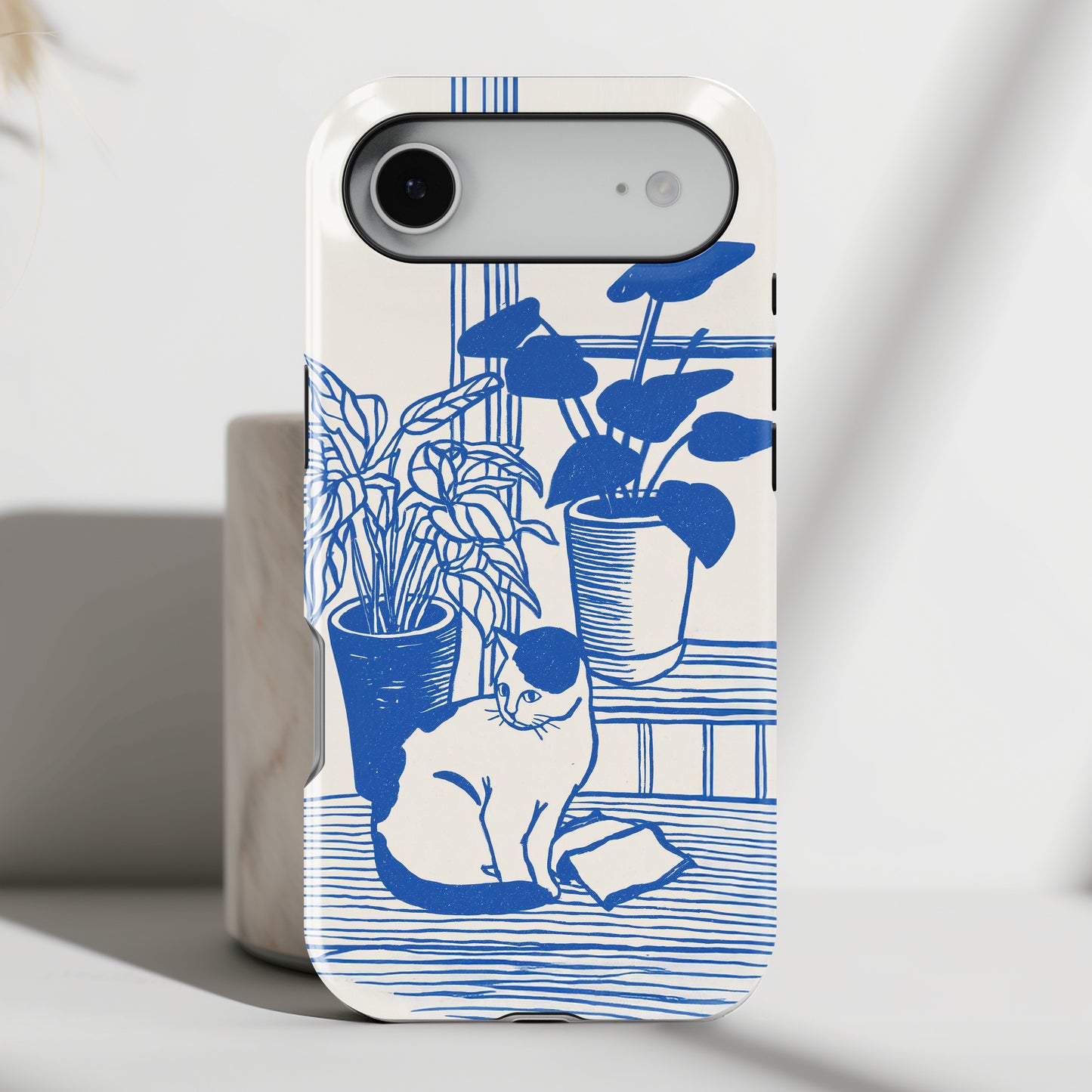 The Sunroom Cat – Blue & White Linocut Design iPhone Case