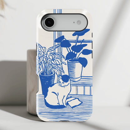 The Sunroom Cat – Blue & White Linocut Design iPhone Case