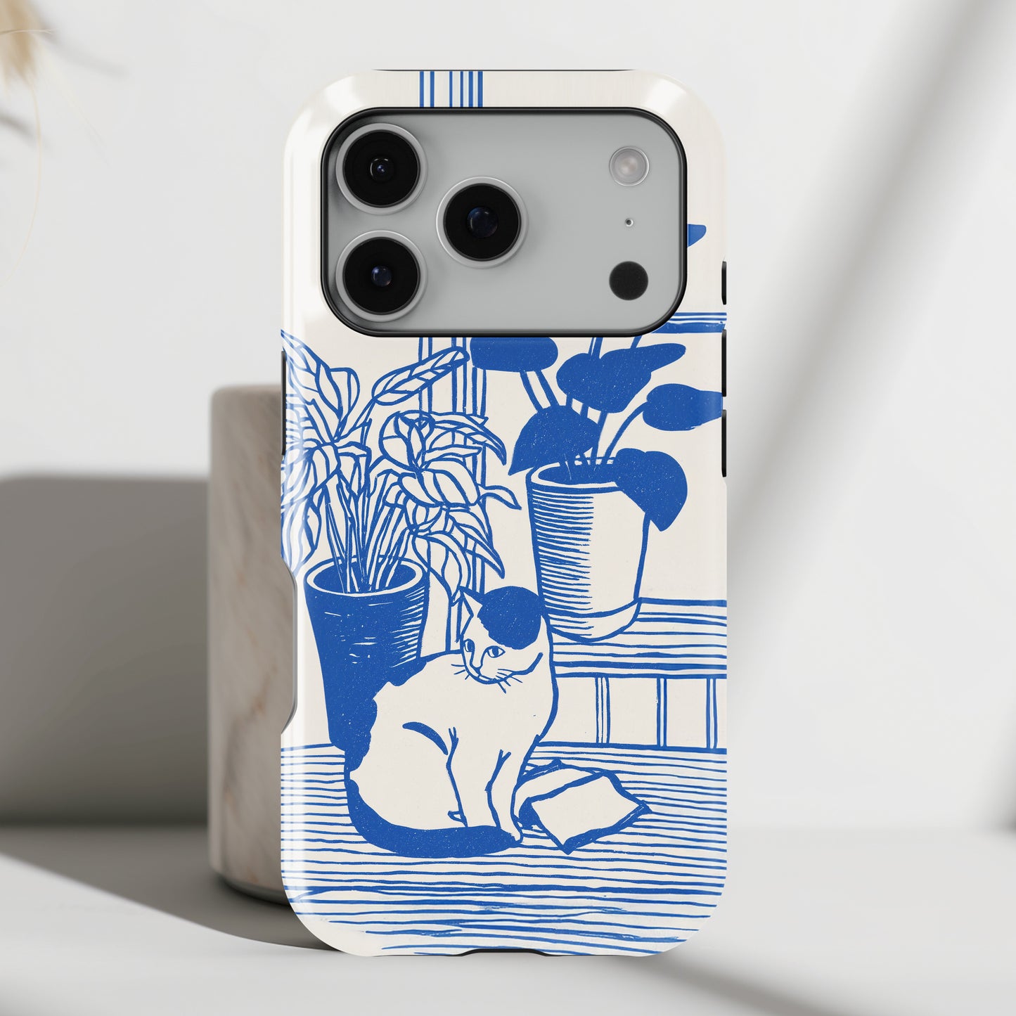 The Sunroom Cat – Blue & White Linocut Design iPhone Case