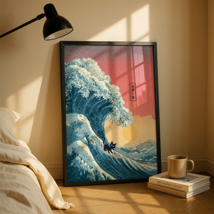 The Wave-Riding Neko – Sunset Surfer Design Wall Art
