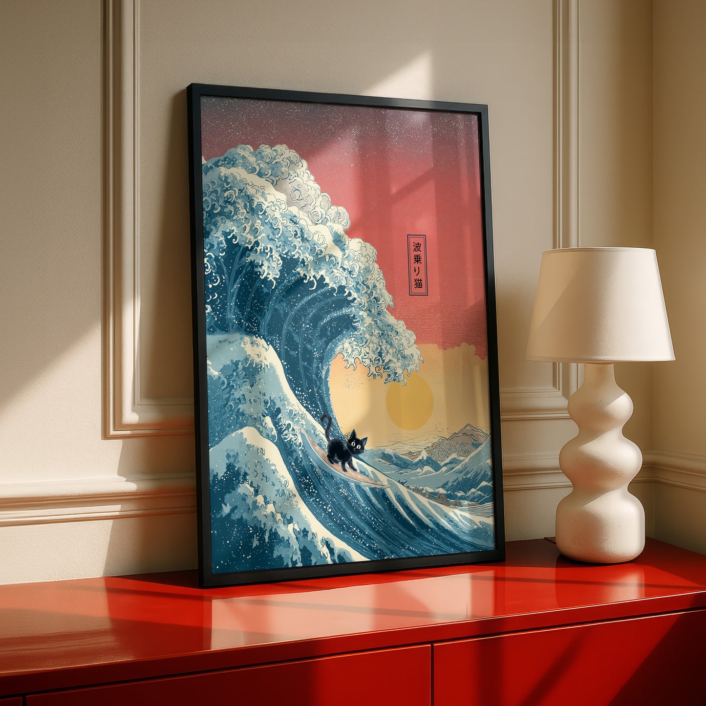 The Wave-Riding Neko – Sunset Surfer Design Wall Art