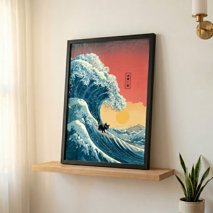 The Wave-Riding Neko – Sunset Surfer Design Wall Art