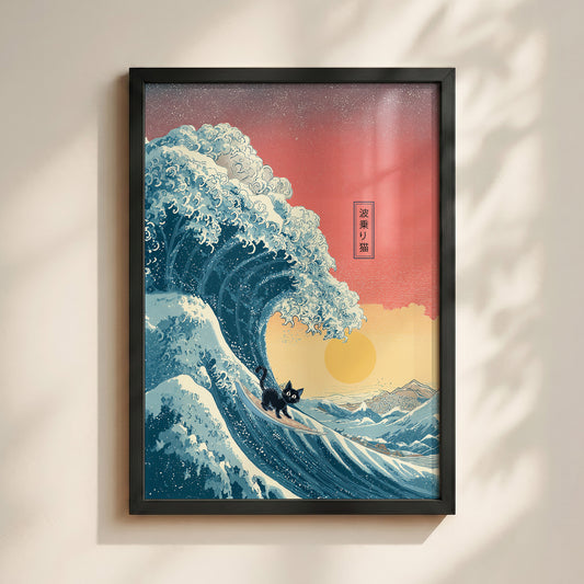 The Wave-Riding Neko – Sunset Surfer Design Wall Art