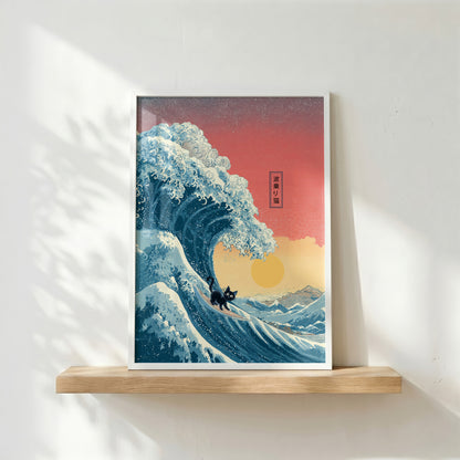 The Wave-Riding Neko – Sunset Surfer Design Wall Art