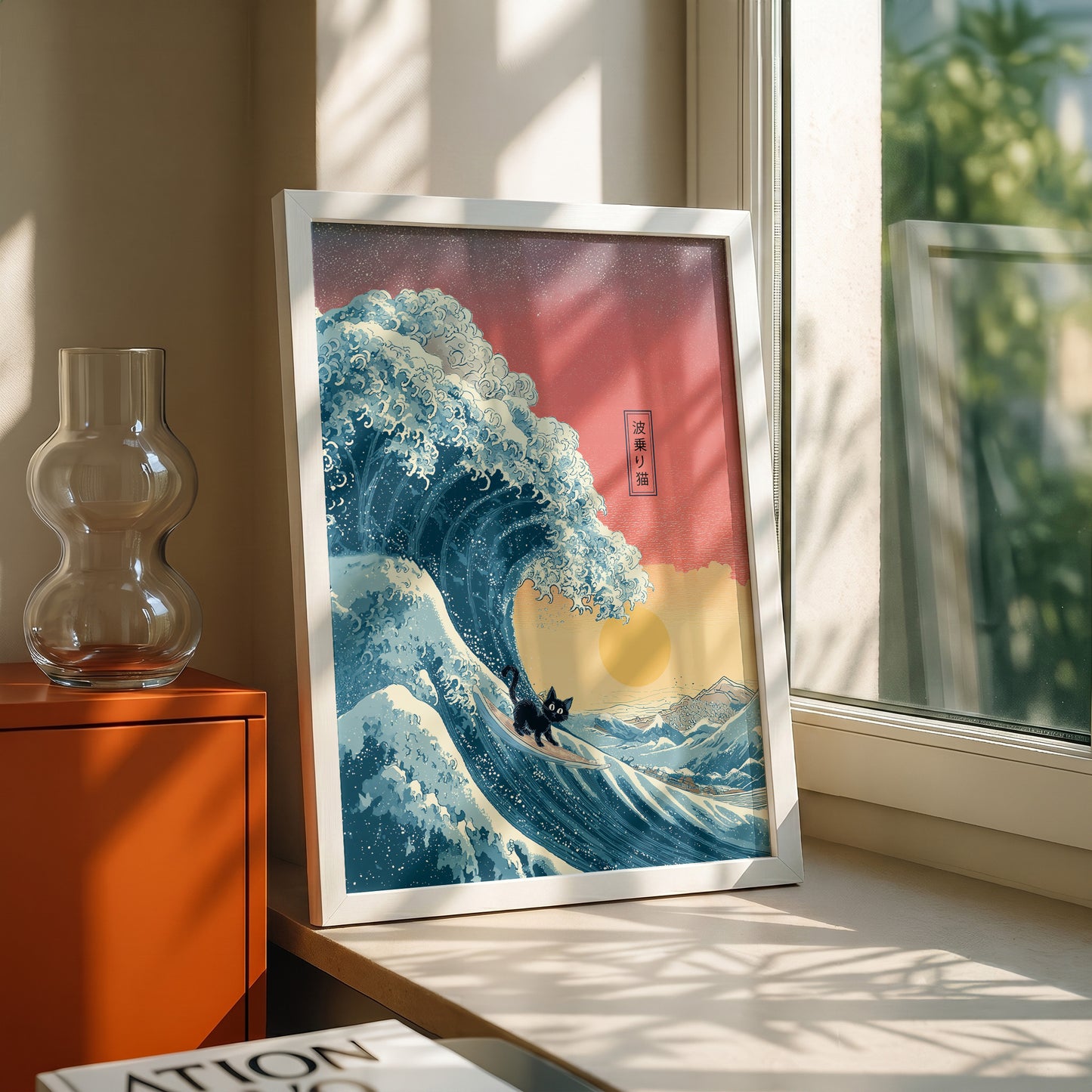 The Wave-Riding Neko – Sunset Surfer Design Wall Art