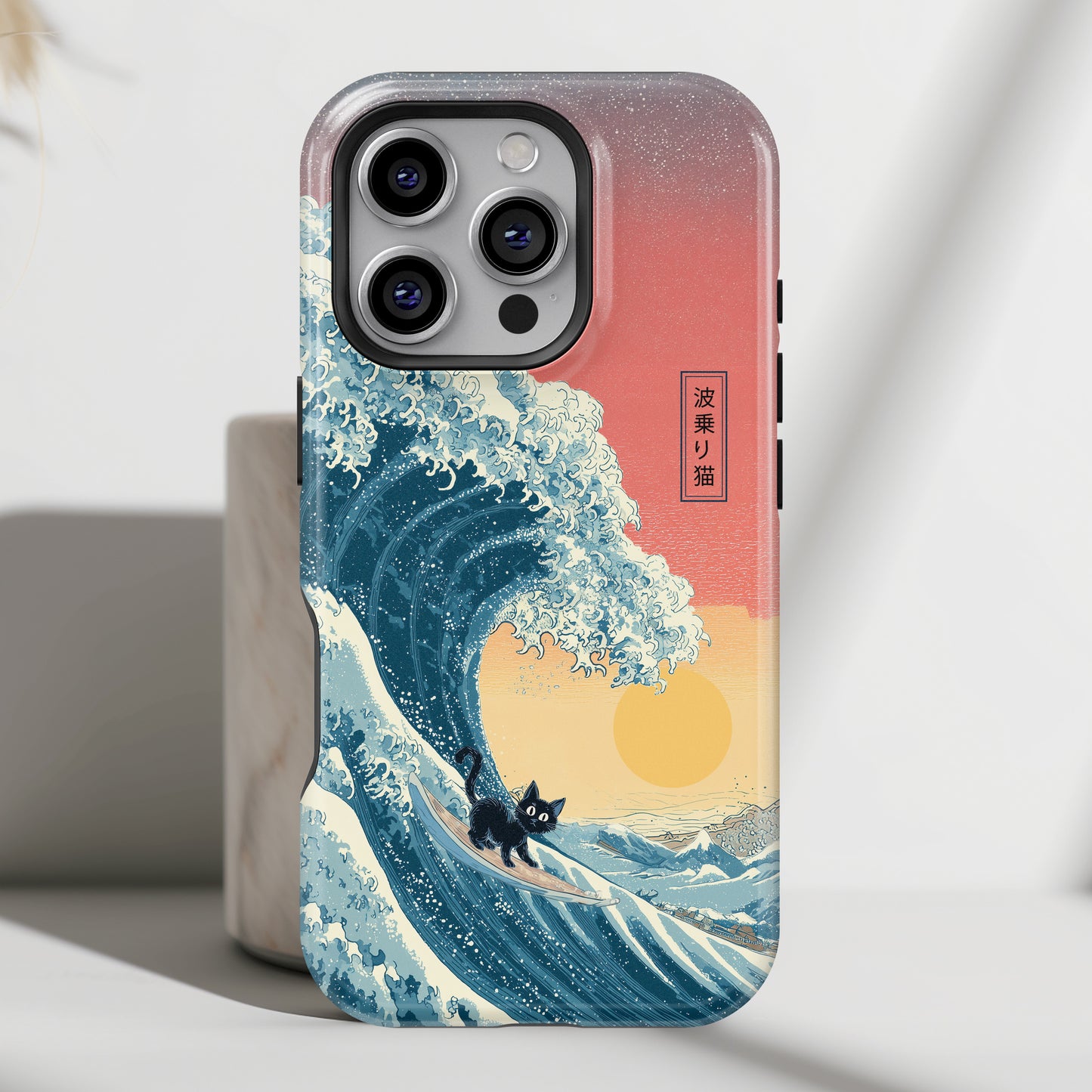 The Wave-Riding Neko – Sunset Surfer Case Design iPhone Case