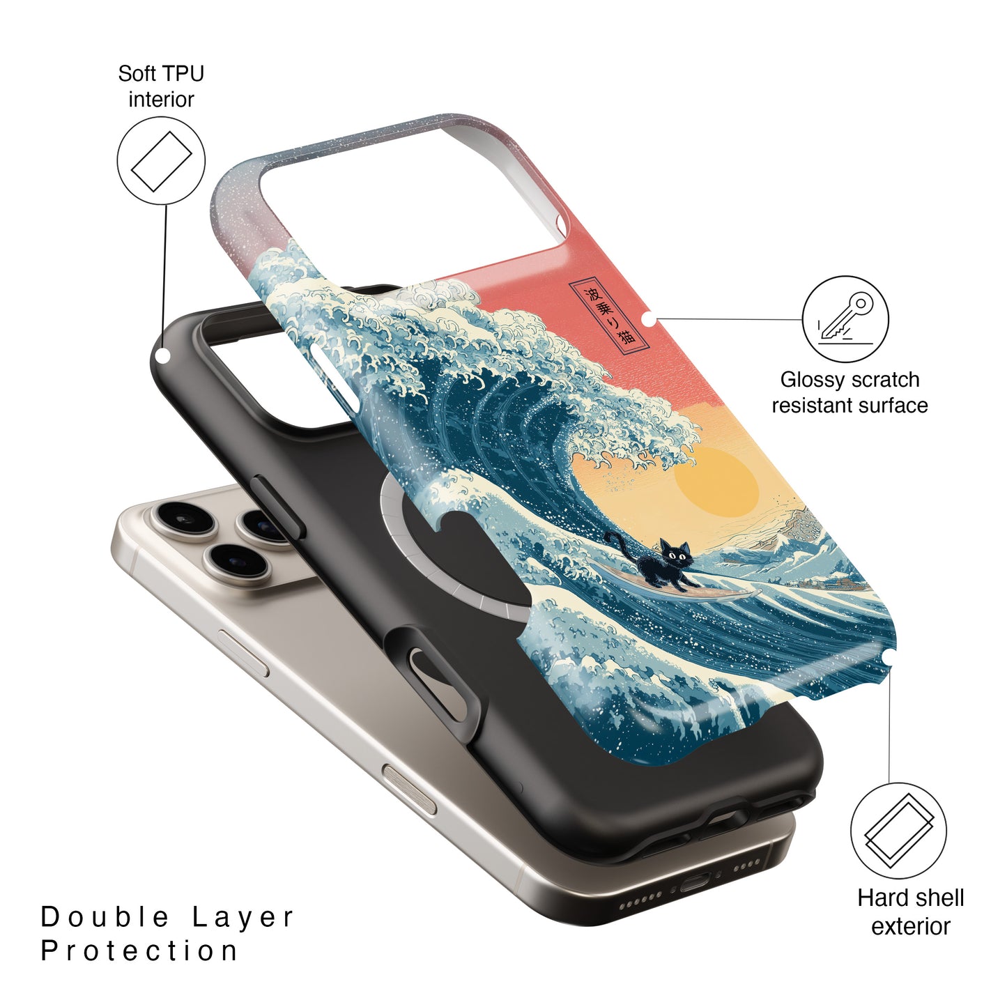 The Wave-Riding Neko – Sunset Surfer Case Design iPhone Case