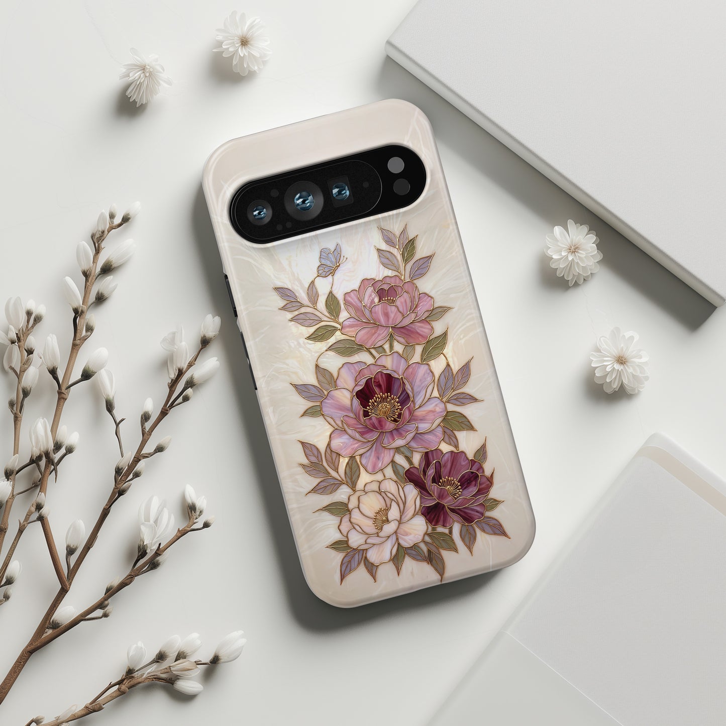 The Cloisonné Peony – Faux Stained Glass & Pearl Design Phone Case for Google Pixel