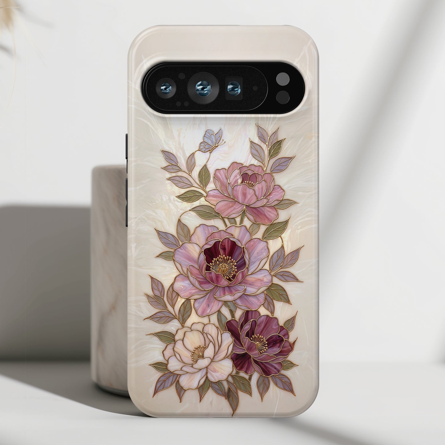 The Cloisonné Peony – Faux Stained Glass & Pearl Design Phone Case for Google Pixel