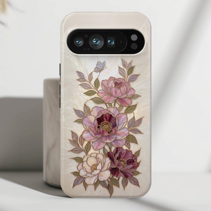 The Cloisonné Peony – Faux Stained Glass & Pearl Design Phone Case for Google Pixel