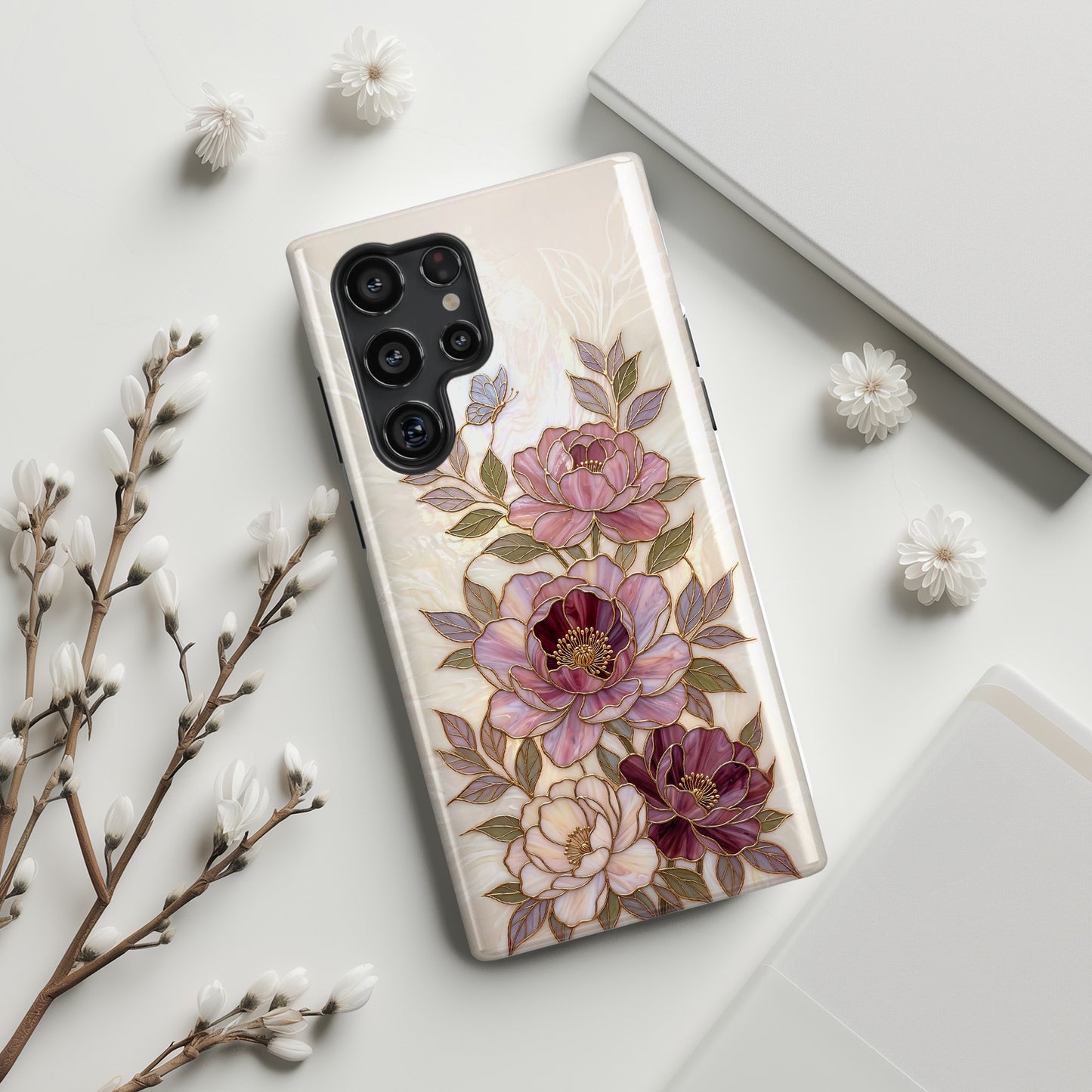 The Cloisonné Peony – Faux Stained Glass & Pearl Design Phone Case for Galaxy S series Phones