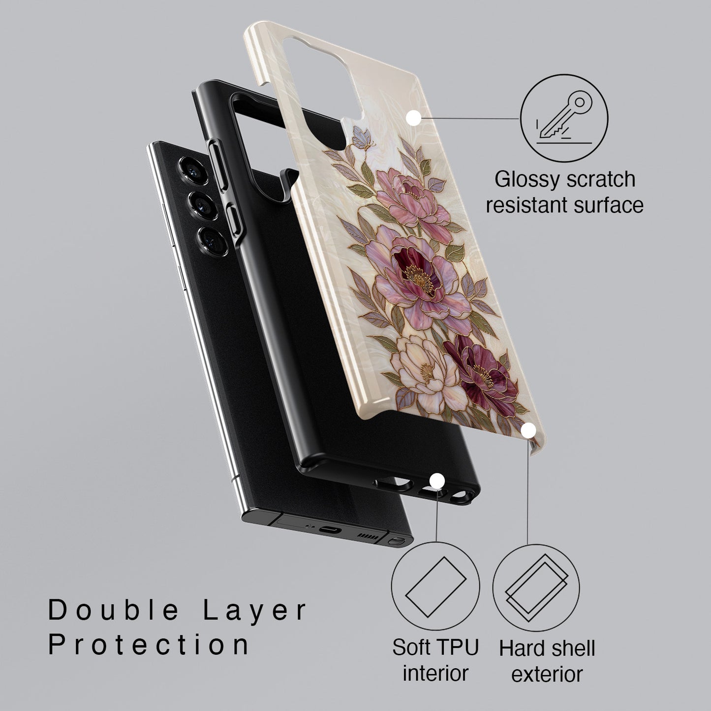 The Cloisonné Peony – Faux Stained Glass & Pearl Design Phone Case for Galaxy S series Phones