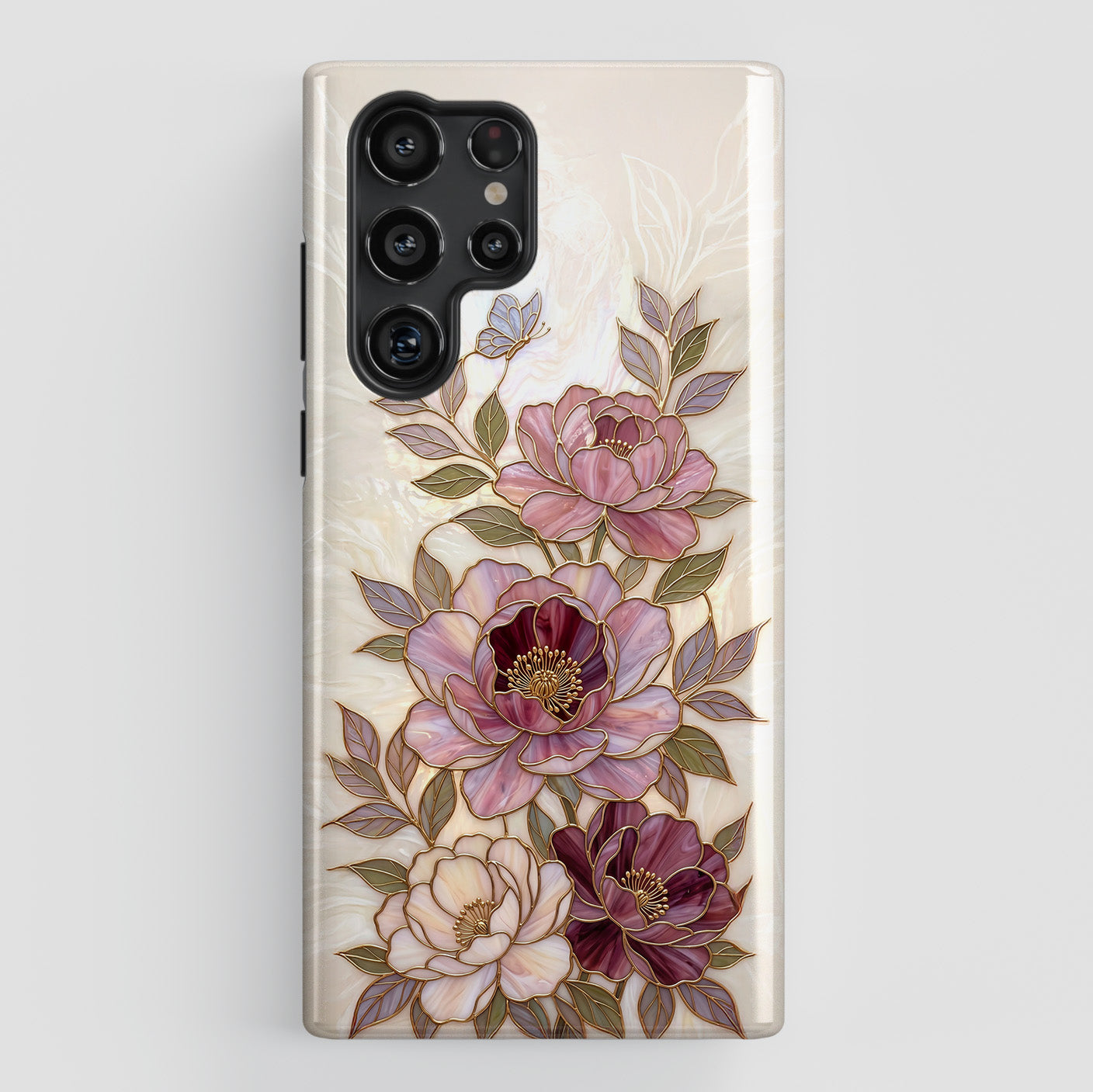 The Cloisonné Peony – Faux Stained Glass & Pearl Design Phone Case for Galaxy S series Phones