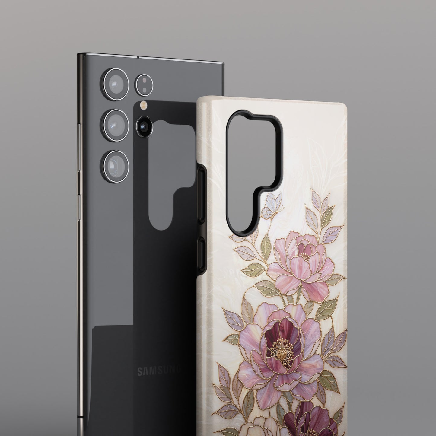 The Cloisonné Peony – Faux Stained Glass & Pearl Design Phone Case for Galaxy S series Phones