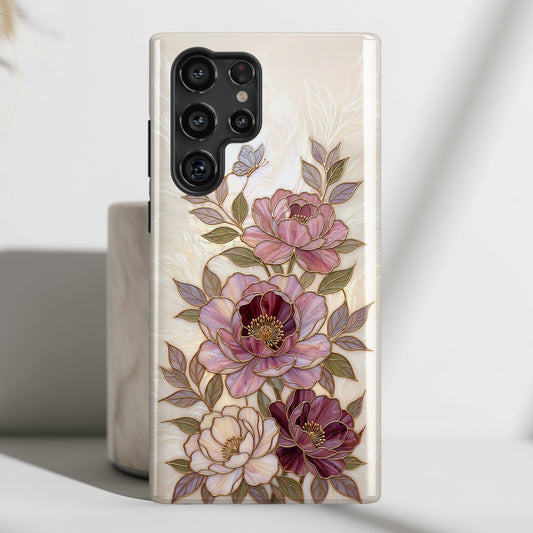 The Cloisonné Peony – Faux Stained Glass & Pearl Design Phone Case for Galaxy S series Phones