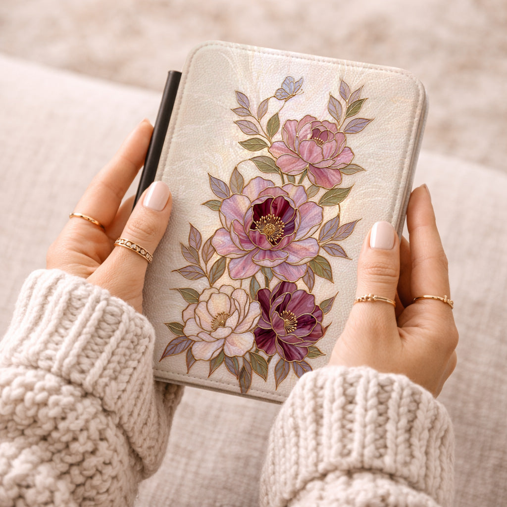 The Cloisonné Peony – Faux Stained Glass & Pearl Kindle Case