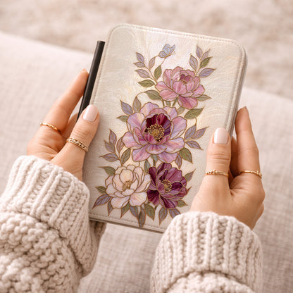 The Cloisonné Peony – Faux Stained Glass & Pearl Kindle Case