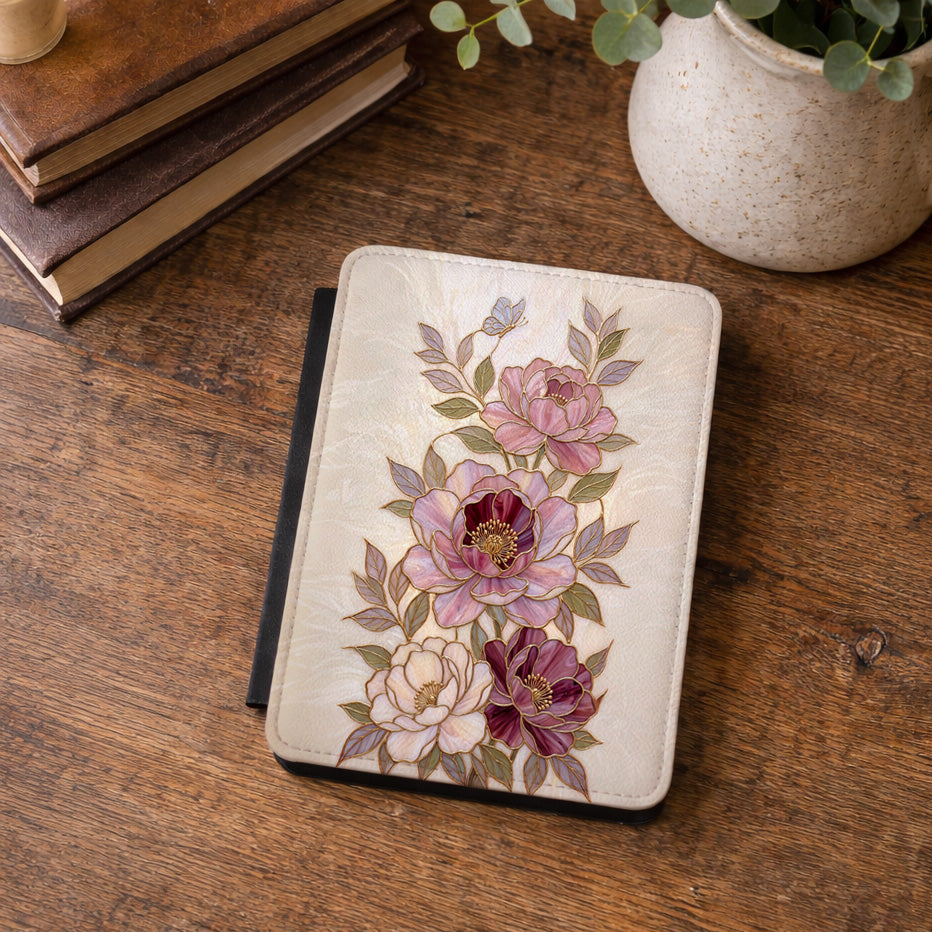 The Cloisonné Peony – Faux Stained Glass & Pearl Kindle Case