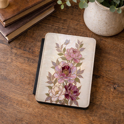 The Cloisonné Peony – Faux Stained Glass & Pearl Kindle Case