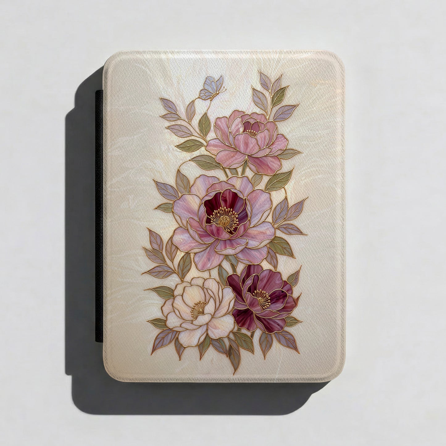 The Cloisonné Peony – Faux Stained Glass & Pearl Kindle Case