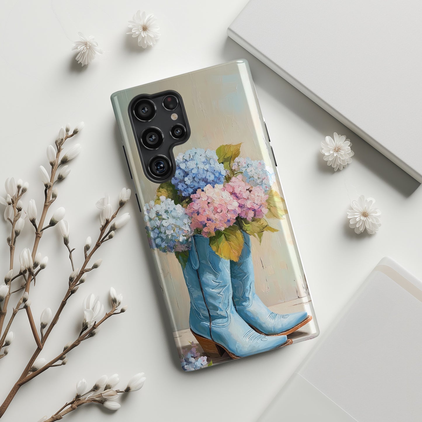 The Country Coquette – Impasto Boot & Hydrangea Design Phone Case for Galaxy S series Phones