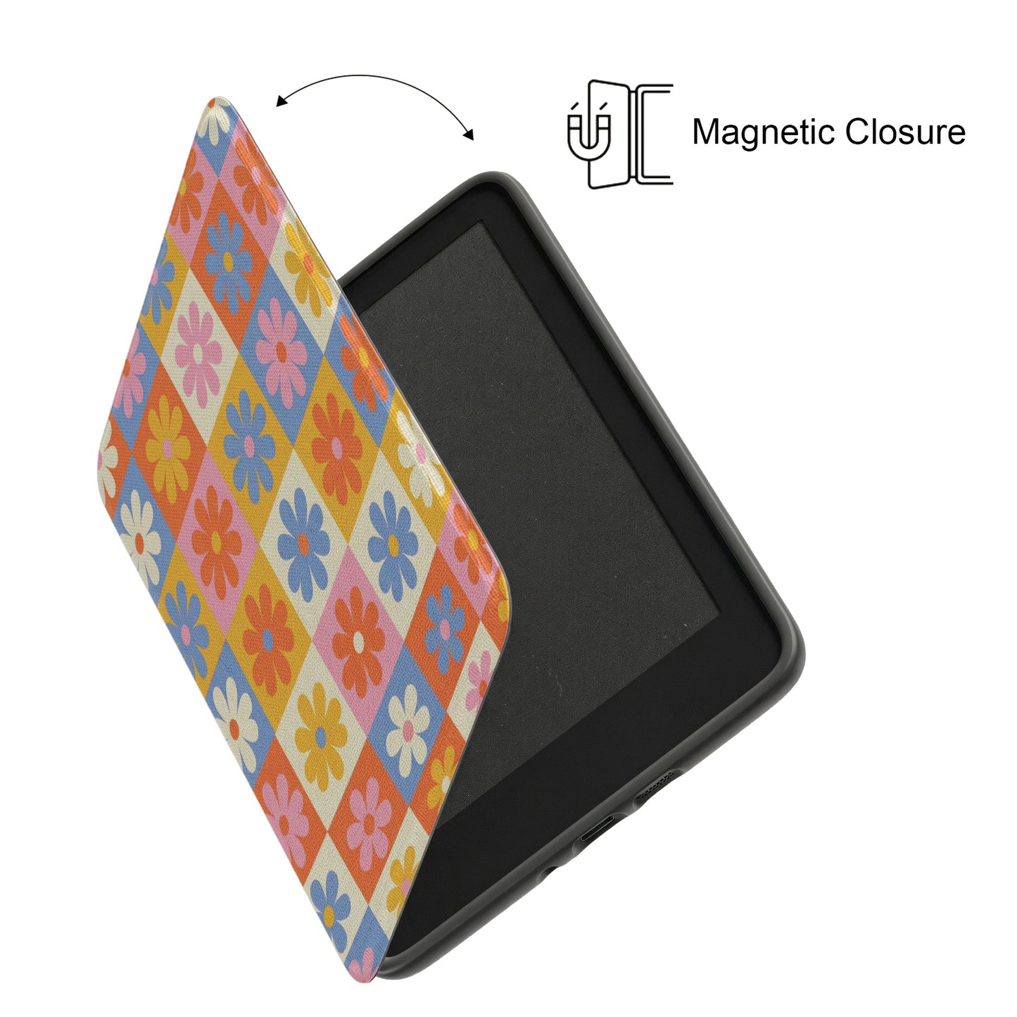 The Groovy Garden – Retro Floral Checkerboard Kindle Case