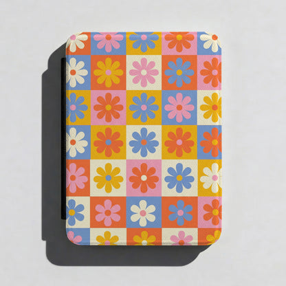 The Groovy Garden – Retro Floral Checkerboard Kindle Case