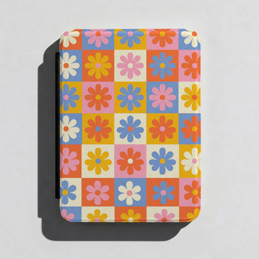 The Groovy Garden – Retro Floral Checkerboard Kindle Case