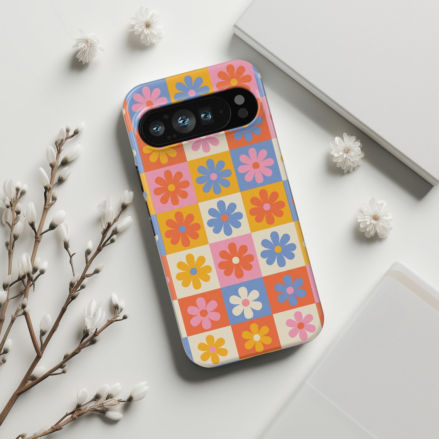 The Groovy Garden – Retro Floral Checkerboard Design Phone Case for Google Pixel