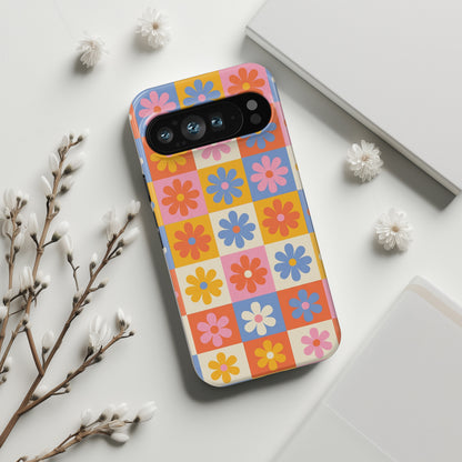 The Groovy Garden – Retro Floral Checkerboard Design Phone Case for Google Pixel