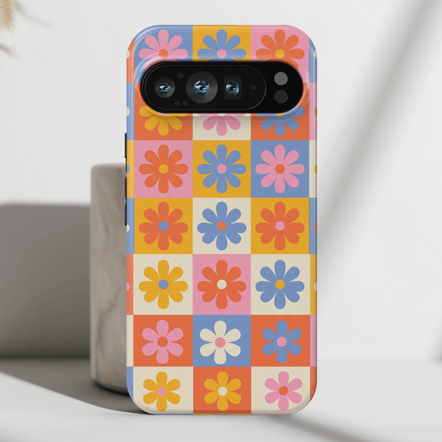 The Groovy Garden – Retro Floral Checkerboard Design Phone Case for Google Pixel