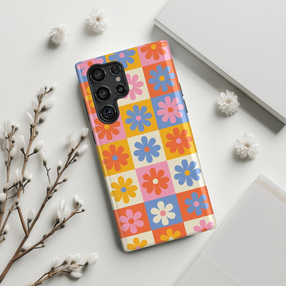 The Groovy Garden – Retro Floral Checkerboard Design Phone Case for Galaxy S series Phones