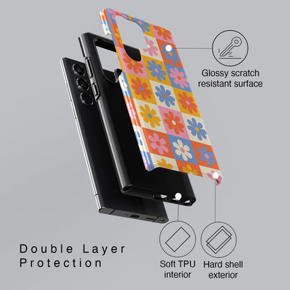 The Groovy Garden – Retro Floral Checkerboard Design Phone Case for Galaxy S series Phones