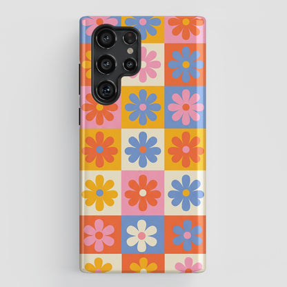 The Groovy Garden – Retro Floral Checkerboard Design Phone Case for Galaxy S series Phones