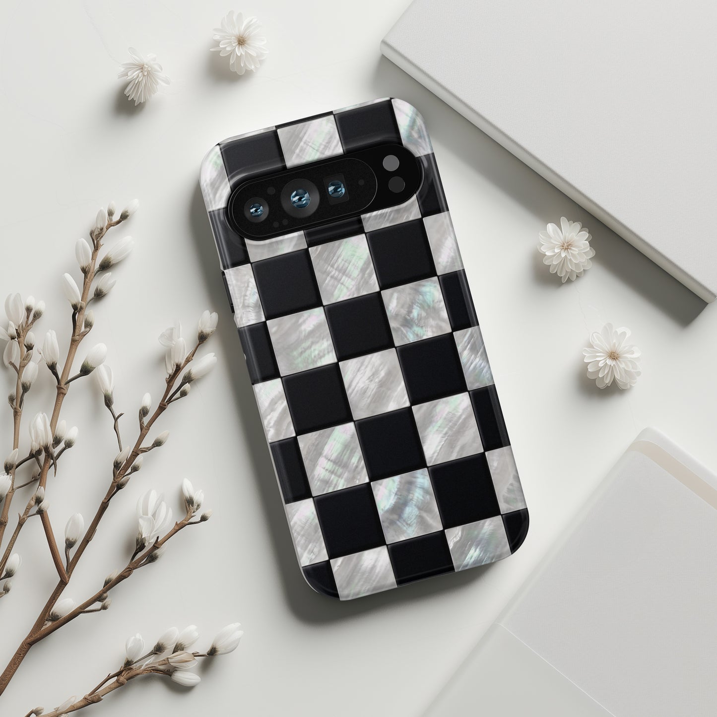 The Midnight Pearl – Inlaid Checkerboard Design Phone Case for Google Pixel