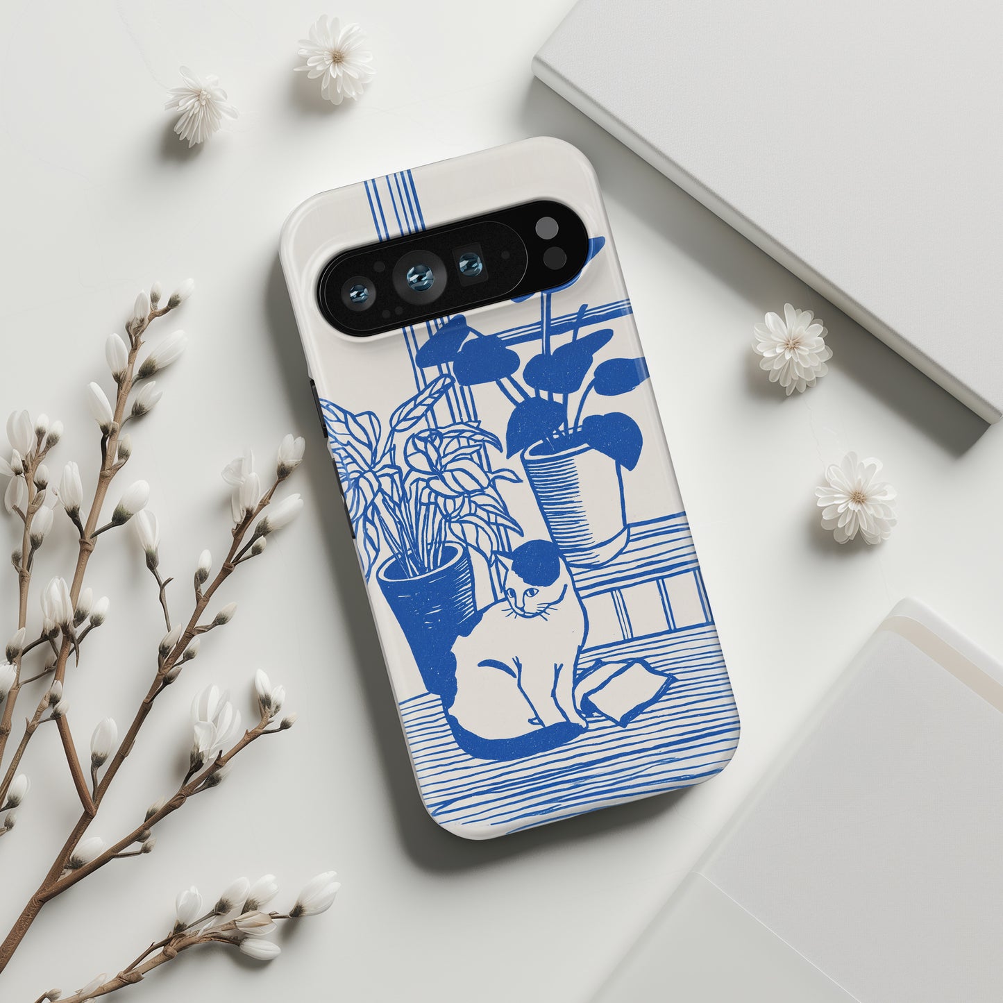 The Sunroom Cat – Blue & White Linocut Design Phone Case for Google Pixel